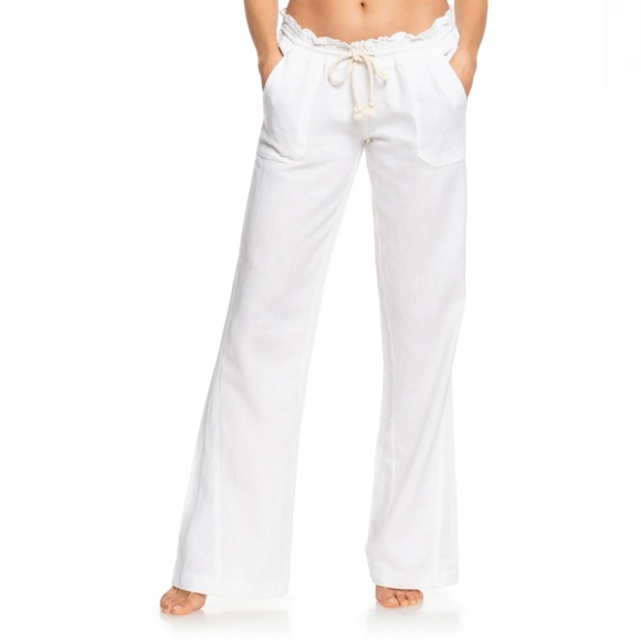 Roxy Pants - ROXY Oceanside Linen Blend Mid-Rise Flared 32” Inseam Pant White Size Large